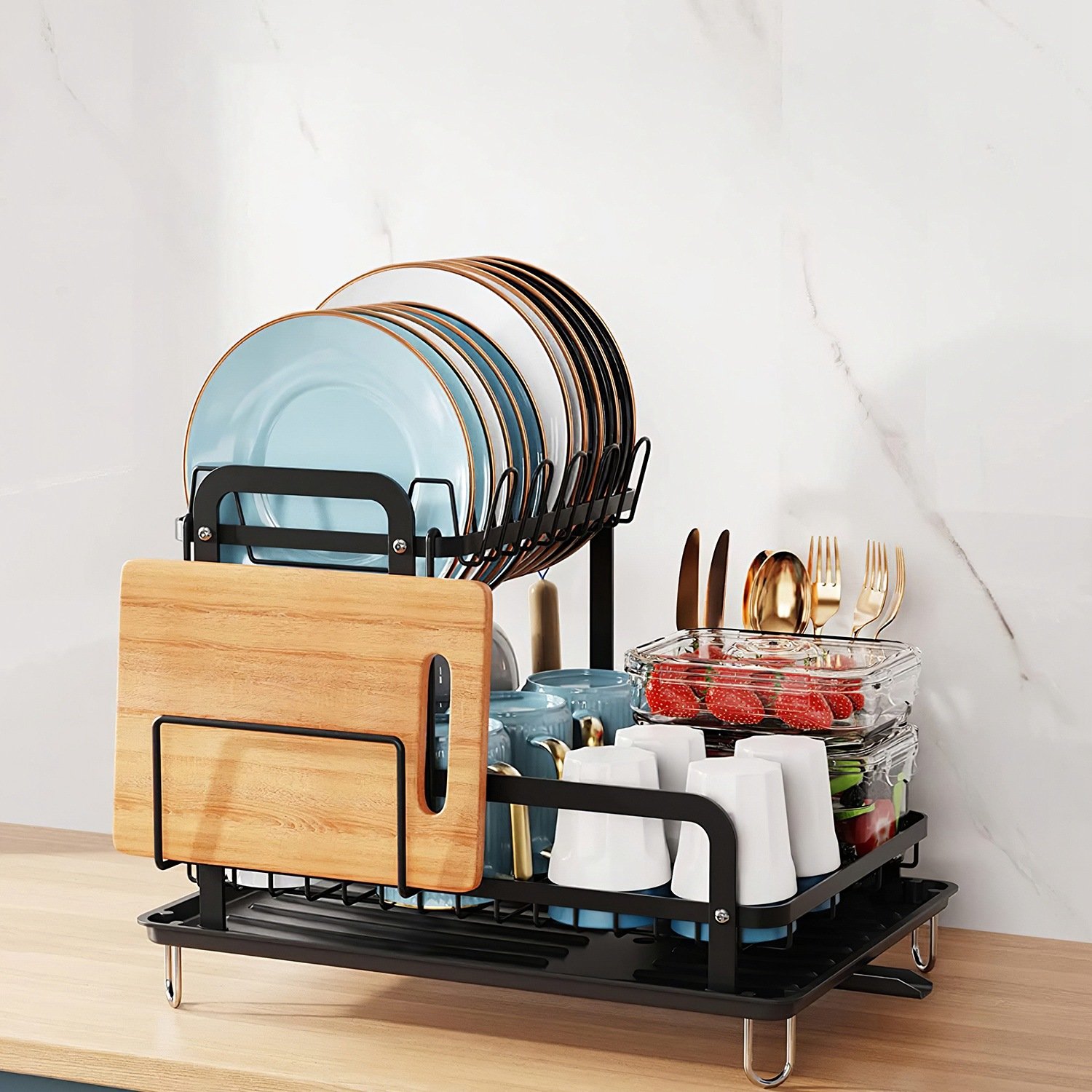 Rectangle Dish Rack Counter 2-Tier Dish Drying Rack for Kitchen Counter Space Saving Rustproof Dish ...